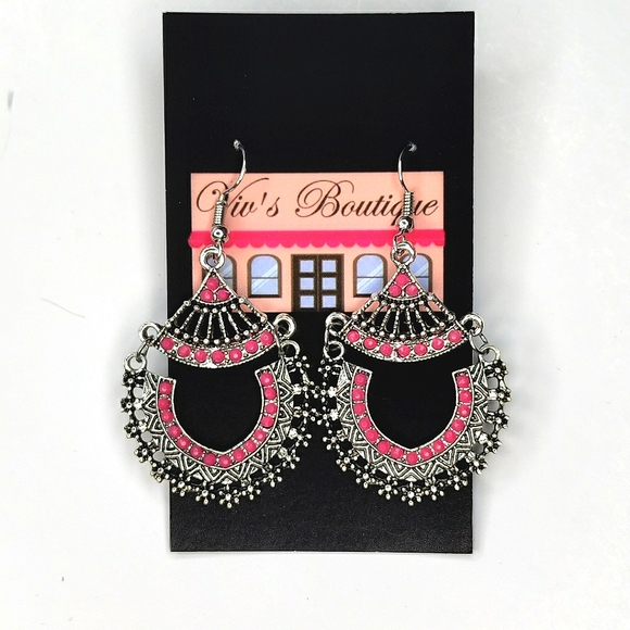 Silver Pink Bohemian Dangle Earrings - Picture 1 of 4
